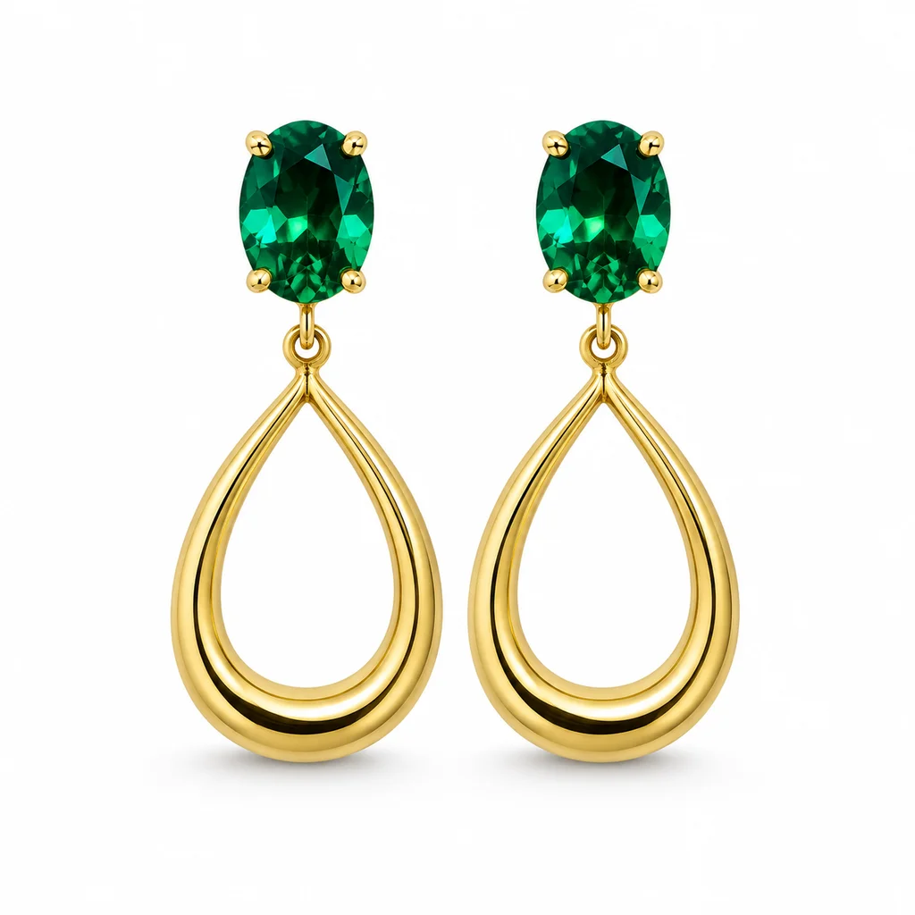 گوشوارت میخی اشک بزرگ با نگین سبز Large teardrop stud earrings with green gemstones